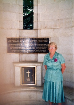 Elsie MATTHEWS nee VIDLER - Sister of George Thomas Vidler visiting his memorial in Kanchanaburi Cemetary in Thailand in 1989
