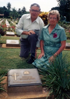 Frank MATTHEWS brother-in-law of George & his wife Elsie MATTHEWS nee VIDLER - Sister of George Thomas Vidler visiting his memorial in Kanchanaburi Cemetary in Thailand in 1989